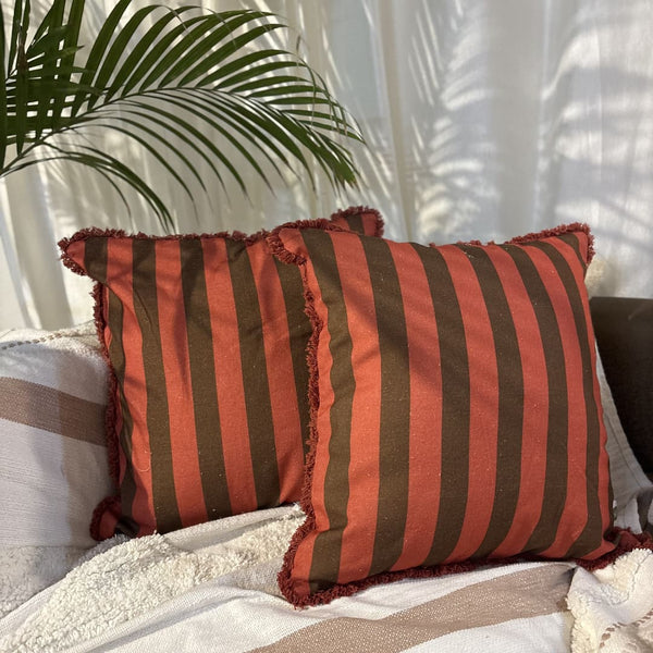 Terracotta Ember Ruffle Cushion Cover – Rust & Brown Stripes