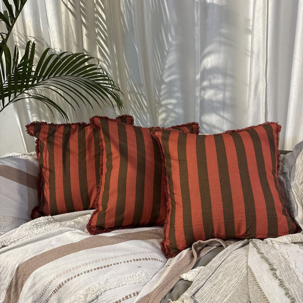 Terracotta Ember Ruffle Cushion Cover – Rust & Brown Stripes