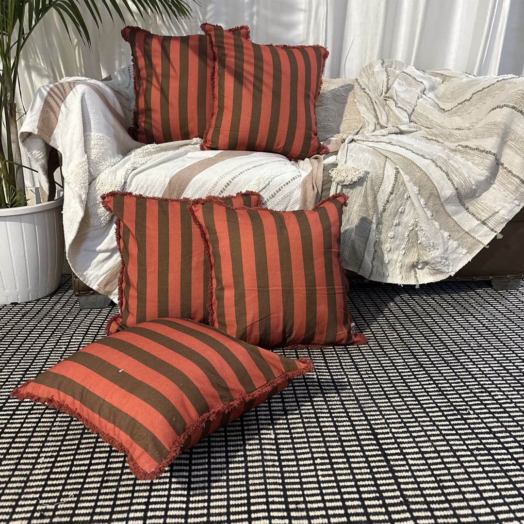 Terracotta Ember Ruffle Cushion Cover – Rust & Brown Stripes