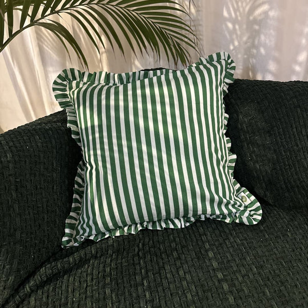 Palm Parade Ruffle Cushion Cover – Green Stripe