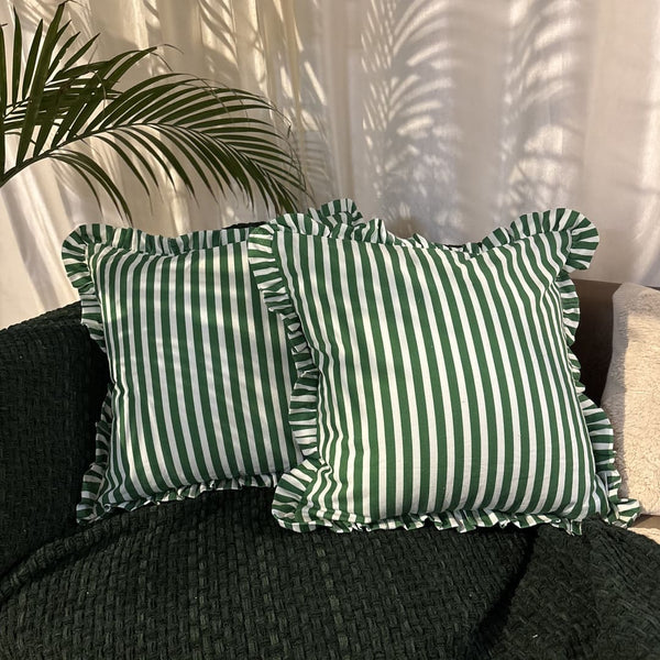 Palm Parade Ruffle Cushion Cover – Green Stripe