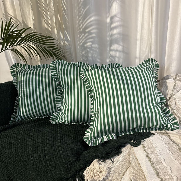 Palm Parade Ruffle Cushion Cover – Green Stripe