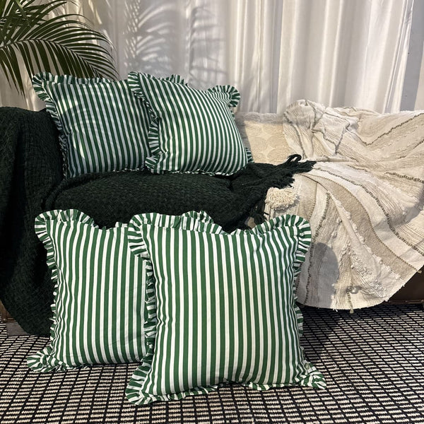 Palm Parade Ruffle Cushion Cover – Green Stripe