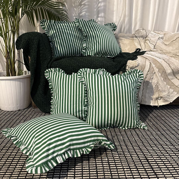 Palm Parade Ruffle Cushion Cover – Green Stripe