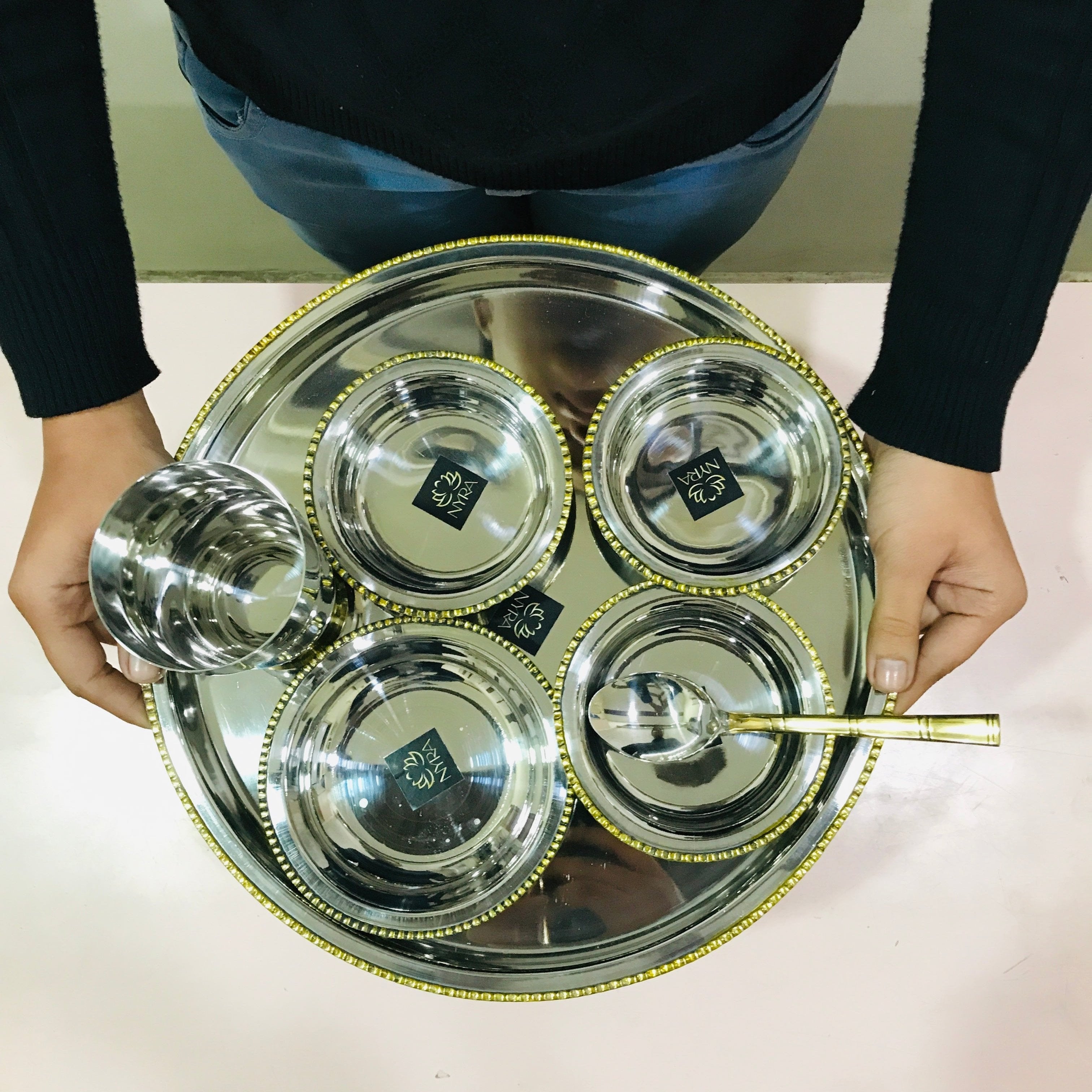 Stainless-Steel Two-Tone Thali Set with Brass detailing 