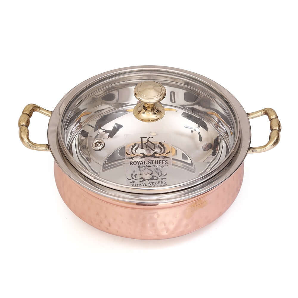 1300 ML Steel Copper Hammered Design Handi/Bowl/Casserole with Toughened Glass Lid