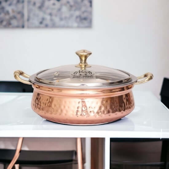 500 ML Steel Copper Hammered Design Handi/Bowl/Casserole with Toughened Glass Lid