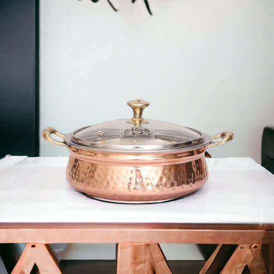 400 ML Steel Copper Hammered Design Handi/Bowl/Casserole with Toughened Glass Lid