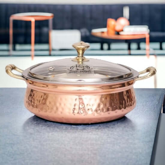 1300 ML Steel Copper Hammered Design Handi/Bowl/Casserole with Toughened Glass Lid
