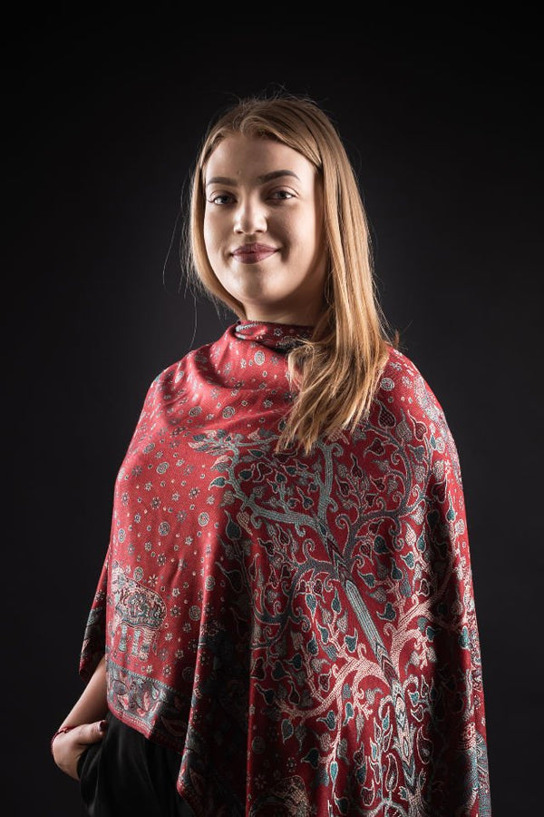 Şal Kani India floral cu motive indiene, rosu - Cel mai bun șal din Pashmina