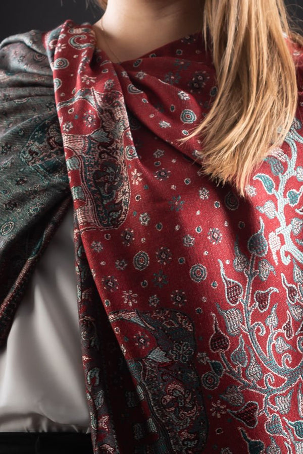 Şal Kani India, rosu inchis, floral - Cel mai bun șal din Pashmina