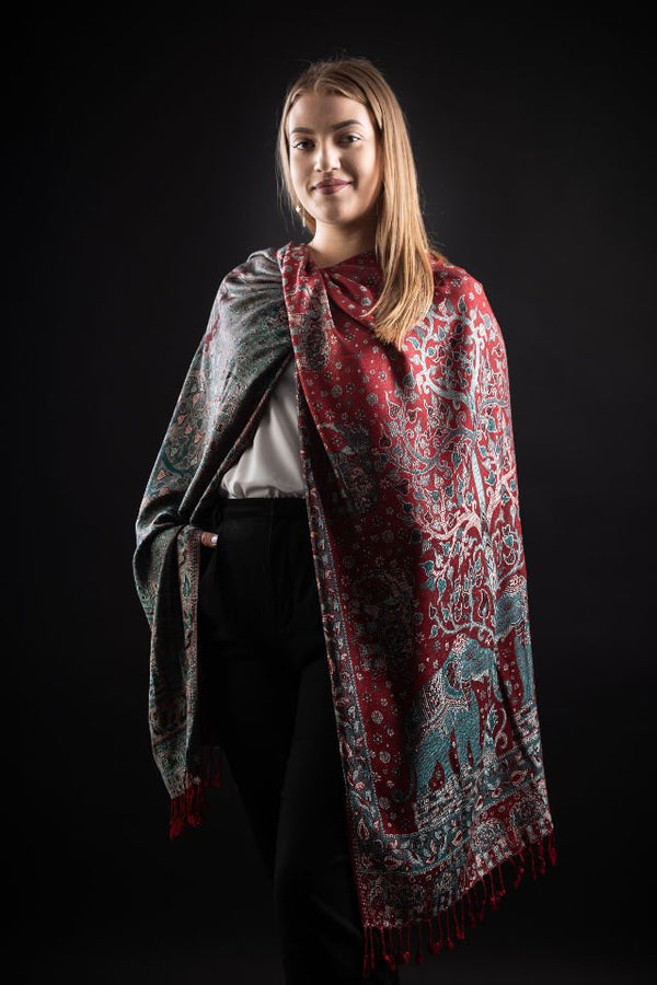 Şal Kani India, rosu inchis, floral - Cel mai bun șal din Pashmina