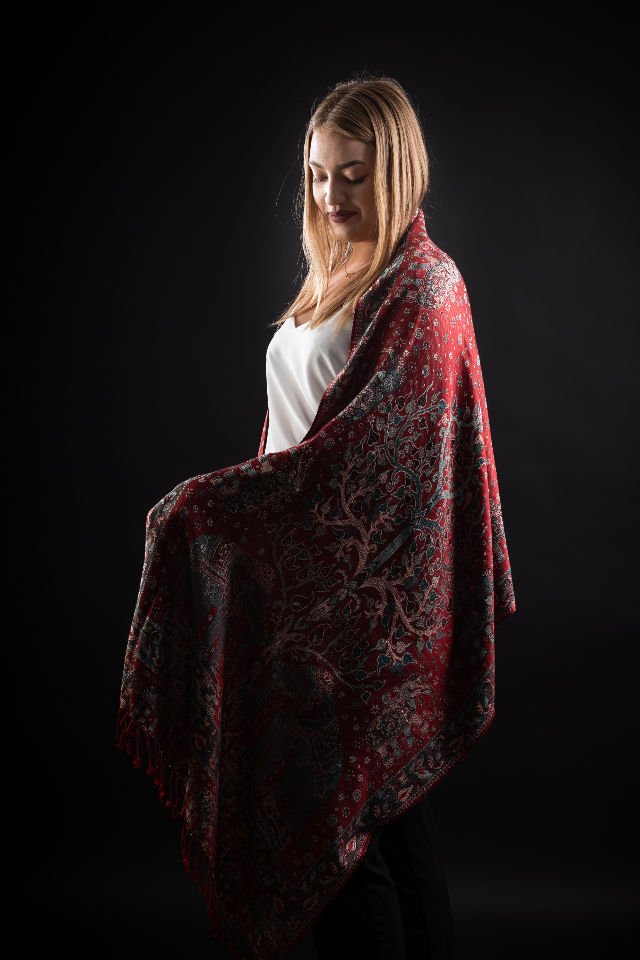 Şal Kani India, rosu inchis, floral - Cel mai bun șal din Pashmina