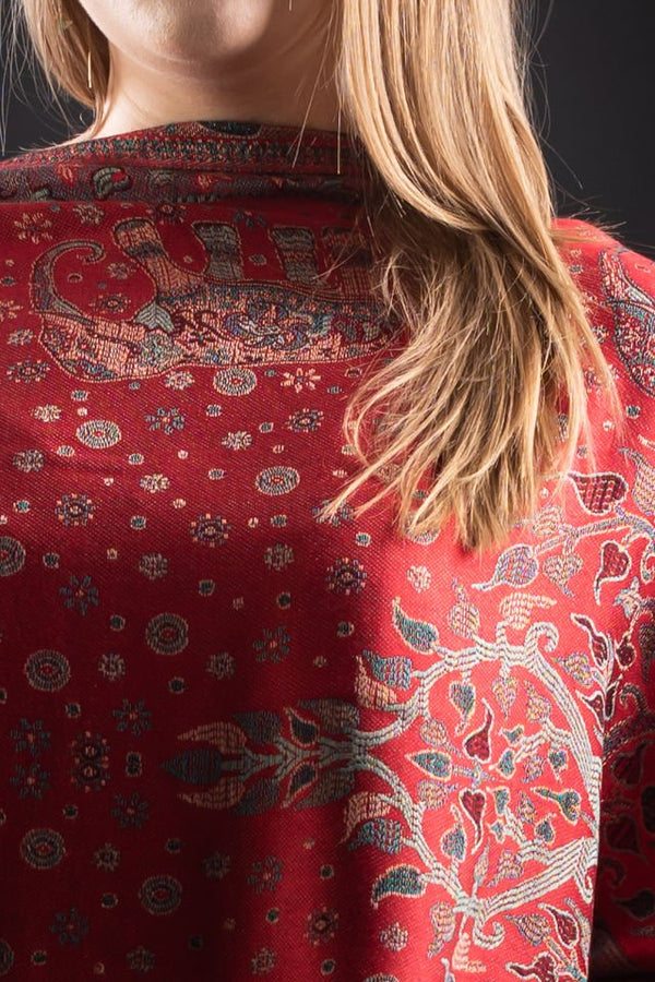 Şal Kani India floral cu motive indiene, rosu - Cel mai bun șal din Pashmina