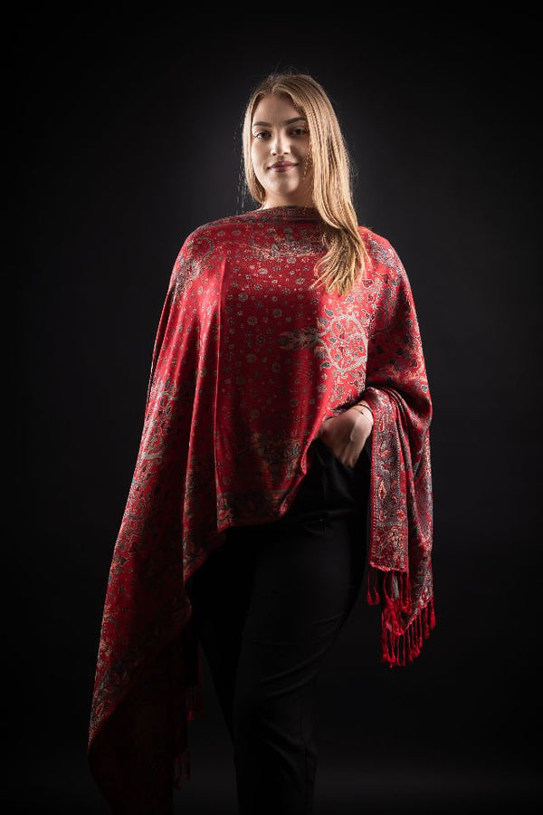 Şal Kani India floral cu motive indiene, rosu - Cel mai bun șal din Pashmina