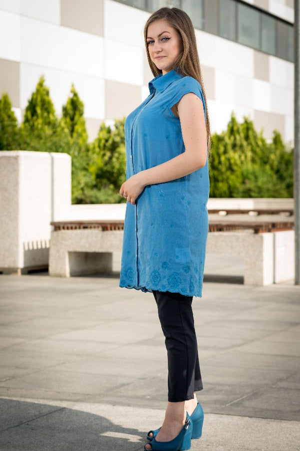 Rochie Albastra Cu Broderie Mărime M-L