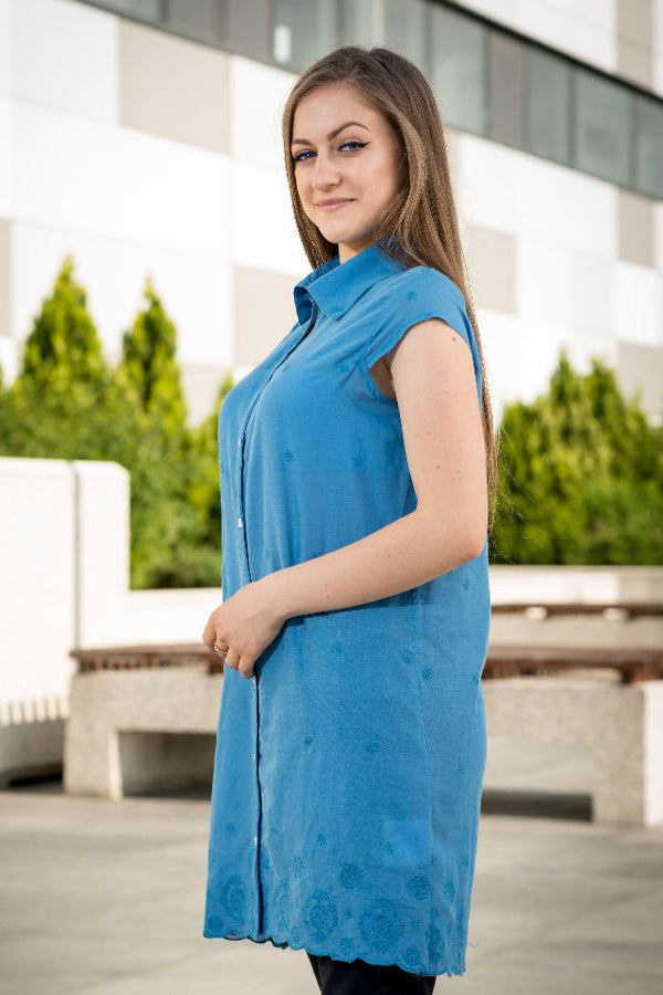 Rochie Albastra Cu Broderie Mărime M-L