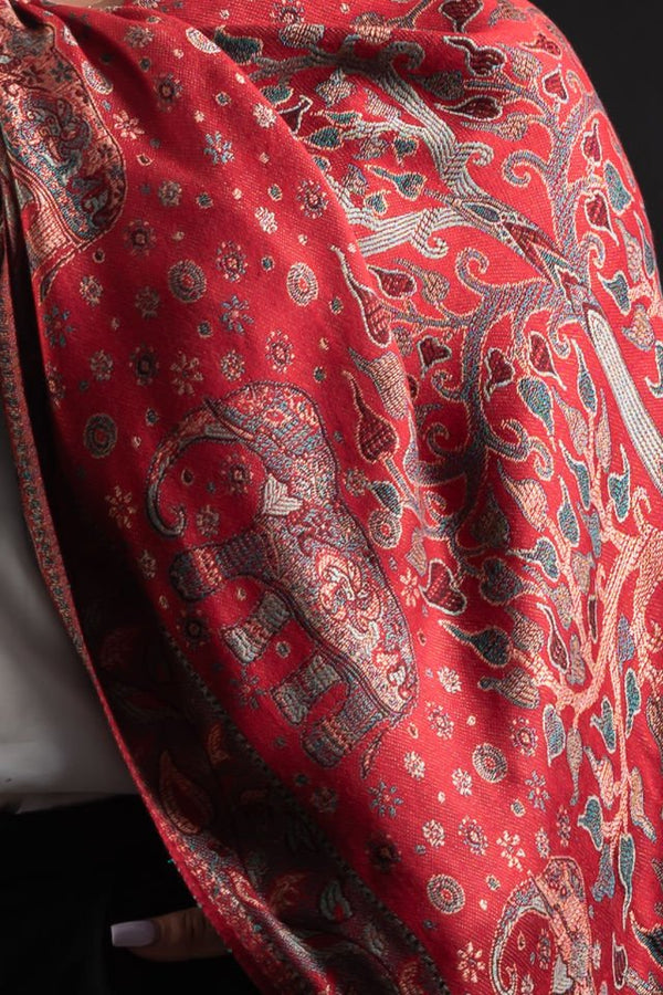 Şal Kani India floral cu motive indiene, rosu - Cel mai bun șal din Pashmina