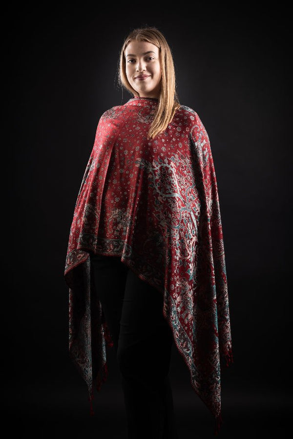 Şal Kani India, rosu inchis, floral - Cel mai bun șal din Pashmina