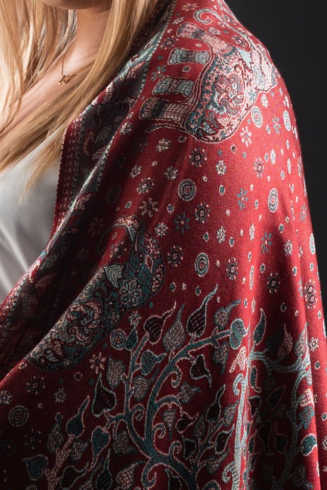 Şal Kani India, rosu inchis, floral - Cel mai bun șal din Pashmina
