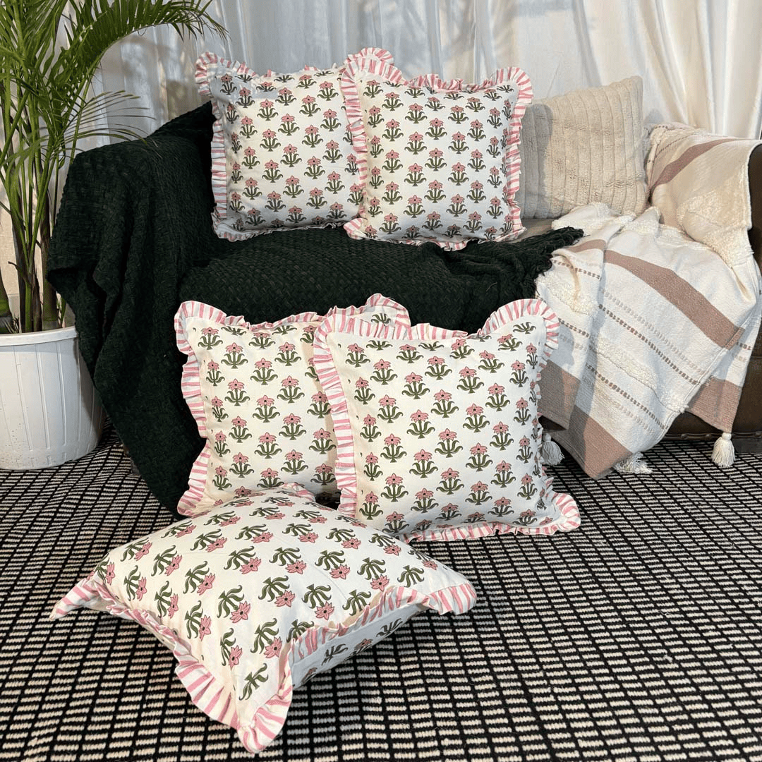 Bloom Bazaar Ruffle Cushion Cover – Pink Floral Block