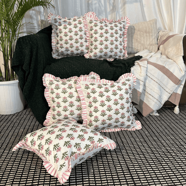 Bloom Bazaar Ruffle Cushion Cover – Pink Floral Block