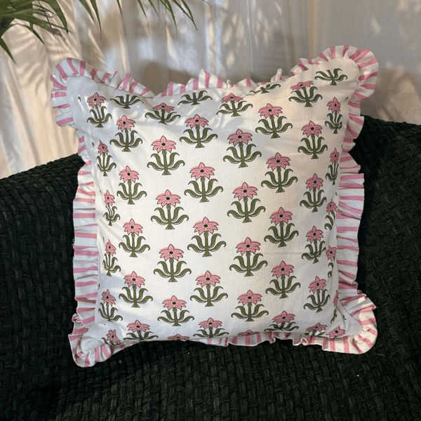 Bloom Bazaar Ruffle Cushion Cover – Pink Floral Block