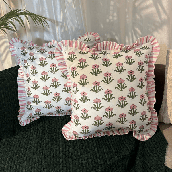 Bloom Bazaar Ruffle Cushion Cover – Pink Floral Block