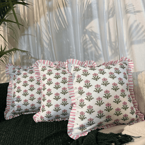 Bloom Bazaar Ruffle Cushion Cover – Pink Floral Block