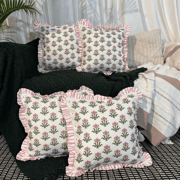 Bloom Bazaar Ruffle Cushion Cover – Pink Floral Block