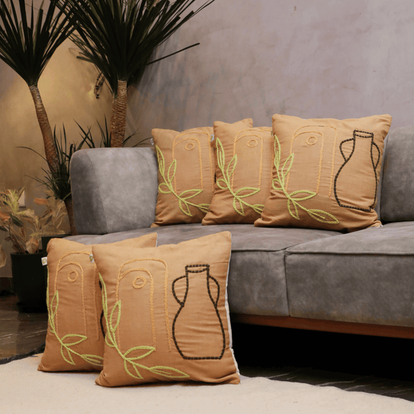 Boho Pottery Embroidered Tufted Cushion Cover- Set of 5