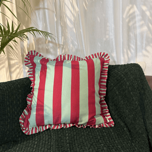 Candy Cane Ruffle Cushion Cover – Green & Maroon