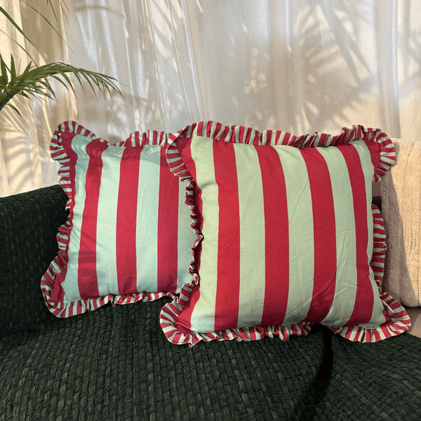 Candy Cane Ruffle Cushion Cover – Green & Maroon