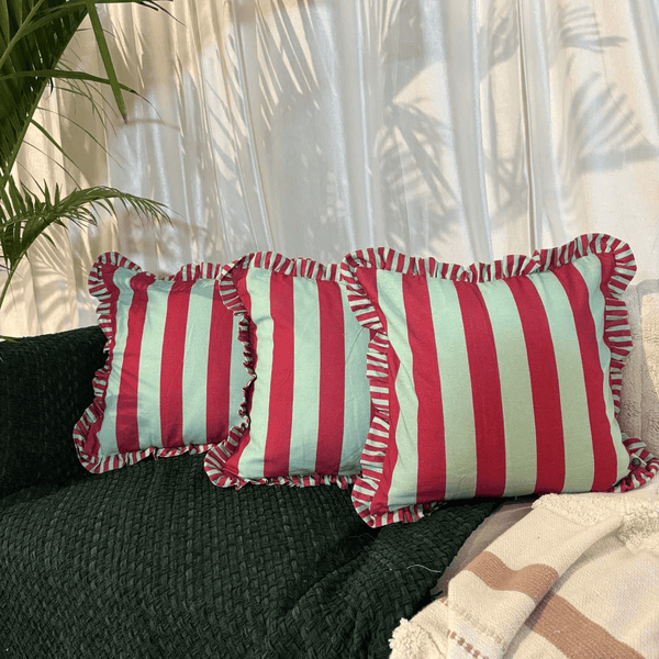 Candy Cane Ruffle Cushion Cover – Green & Maroon
