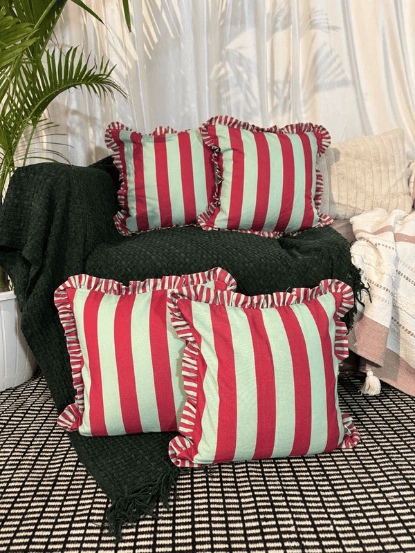 Candy Cane Ruffle Cushion Cover – Green & Maroon
