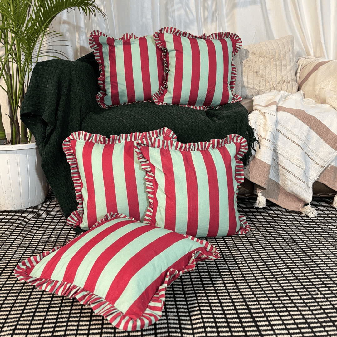 Candy Cane Ruffle Cushion Cover – Green & Maroon