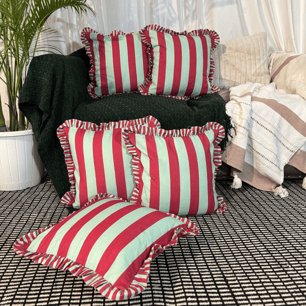 Candy Cane Ruffle Cushion Cover – Green & Maroon