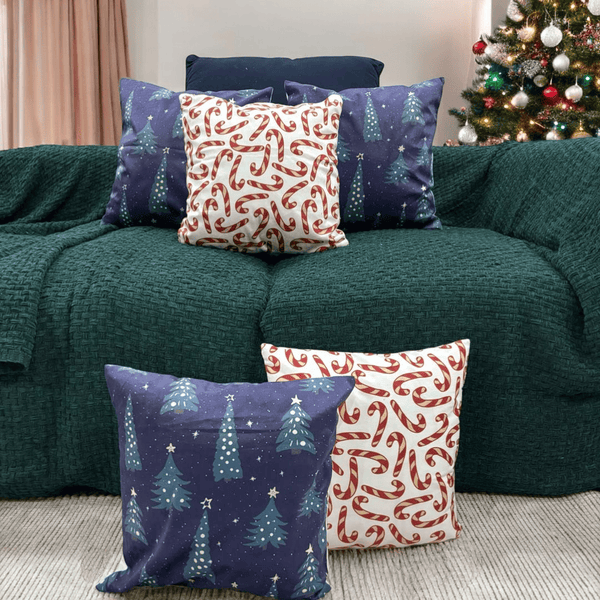 Christmas Trees & Candy Cane Velvet Christmas Cushion Cover Set of 5 - Combo