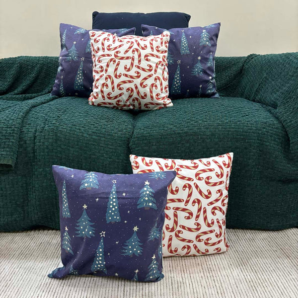 Christmas Trees & Candy Cane Velvet Christmas Cushion Cover Set of 5 - Combo