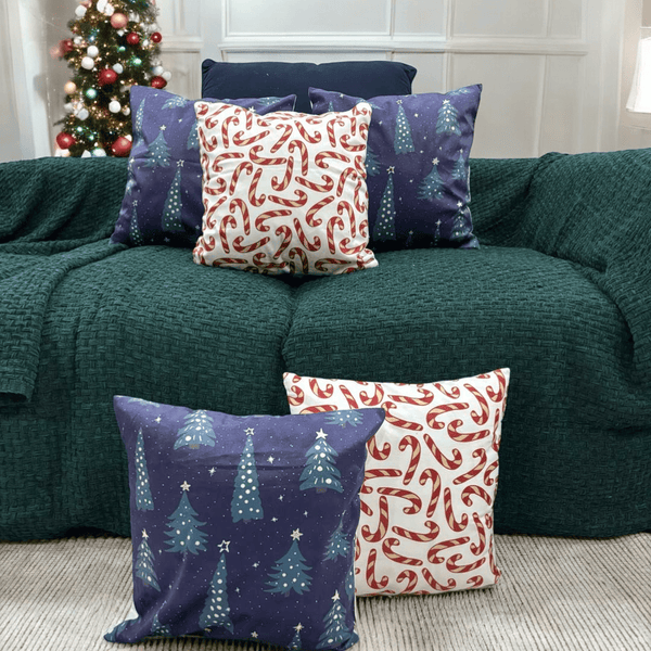 Christmas Trees & Candy Cane Velvet Christmas Cushion Cover Set of 5 - Combo