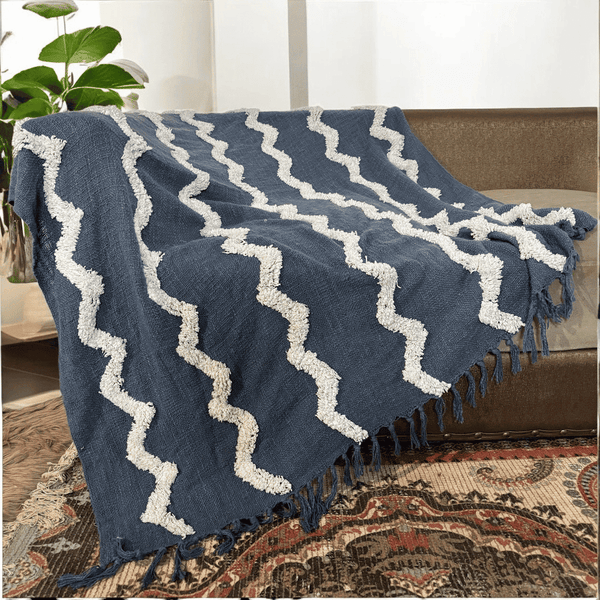 Denim Zigzag Tufted Sofa Throw