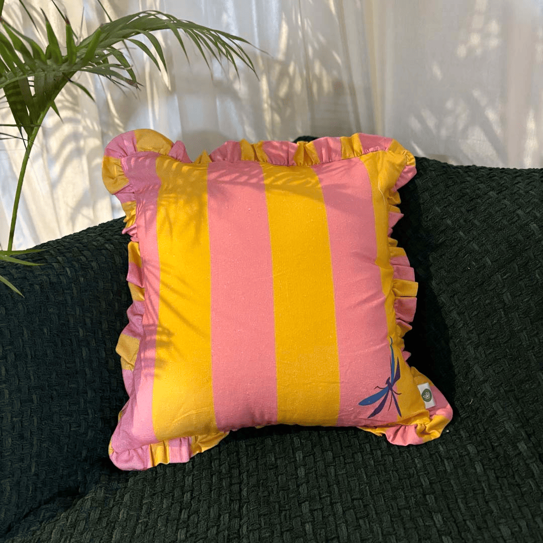 Dragonfly Carnival Ruffle Cushion Cover – Yellow & Pink
