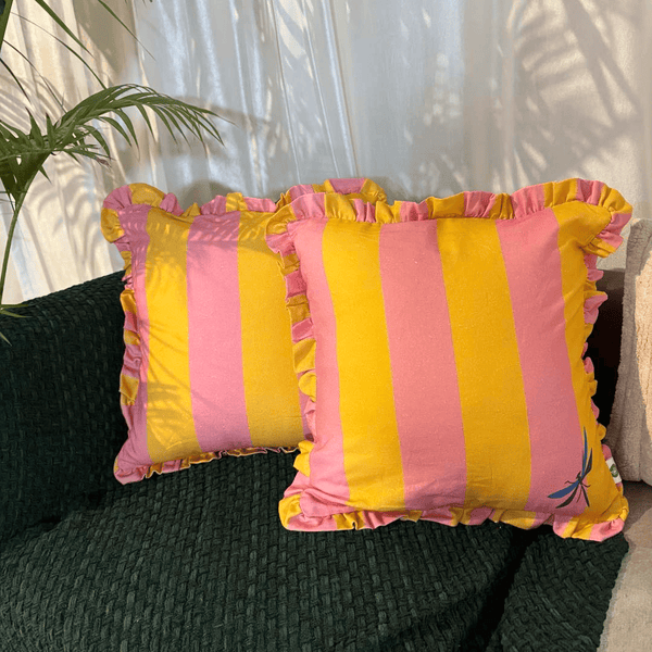 Dragonfly Carnival Ruffle Cushion Cover – Yellow & Pink