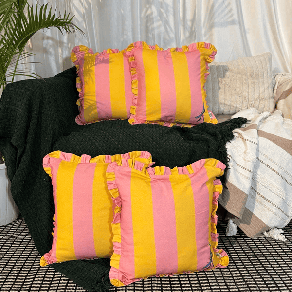 Dragonfly Carnival Ruffle Cushion Cover – Yellow & Pink