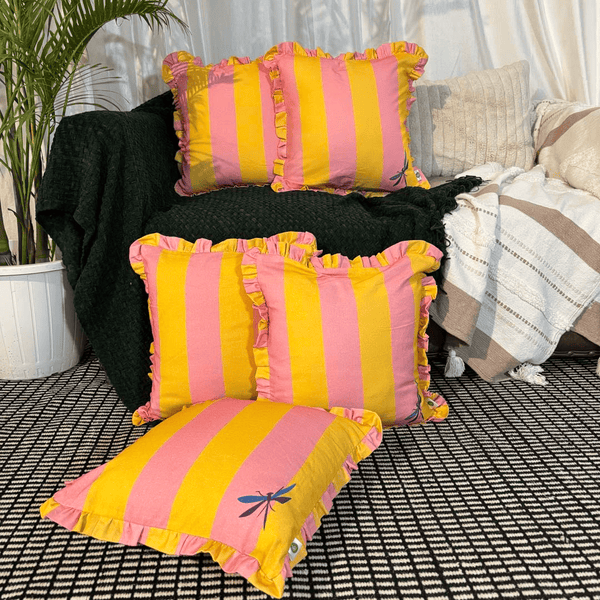 Dragonfly Carnival Ruffle Cushion Cover – Yellow & Pink