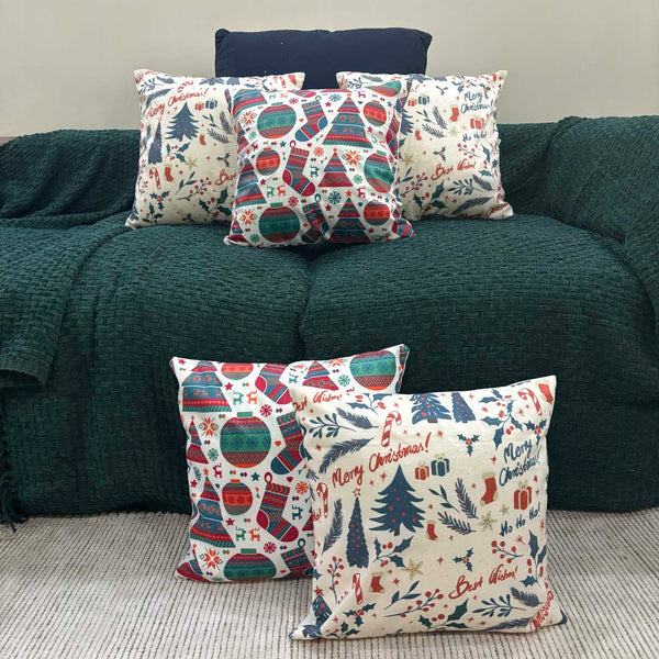 Festive Greetings & Holiday Icons Velvet Christmas Cushion Cover Set of 5