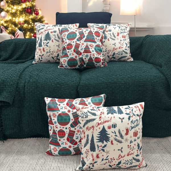 Festive Greetings & Holiday Icons Velvet Christmas Cushion Cover Set of 5
