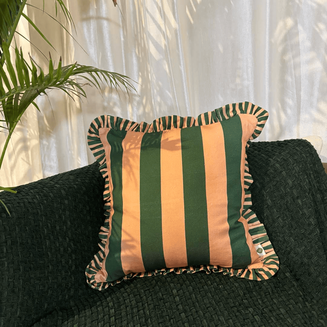 Forest Flame Ruffle Cushion Cover – Peach & Green