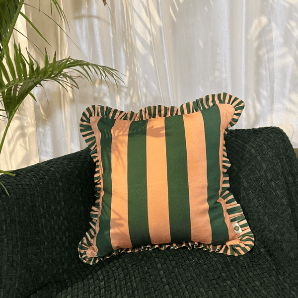 Forest Flame Ruffle Cushion Cover – Peach & Green