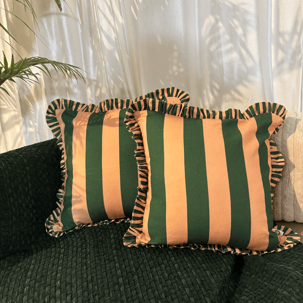 Forest Flame Ruffle Cushion Cover – Peach & Green